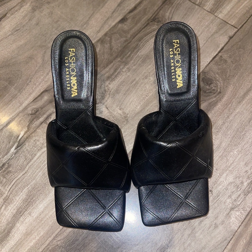 Black square toe quilted heels